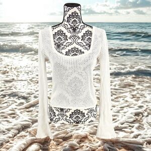 Hollister White Sheer Bell Sleeve Net Open Loose Knit Square Neck Blouse, L